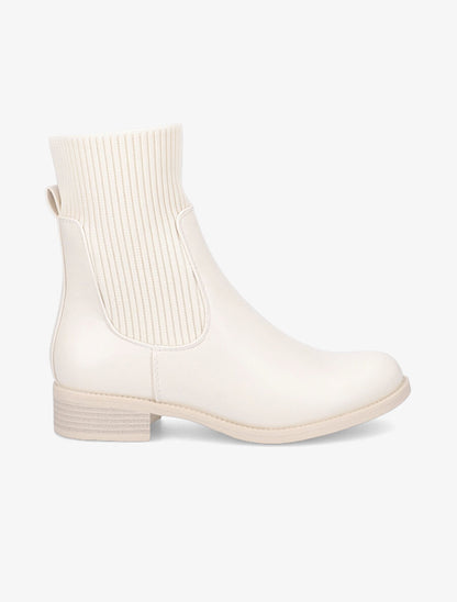 Bottines montantes en simili et tissu côtelé - Beige - 1
