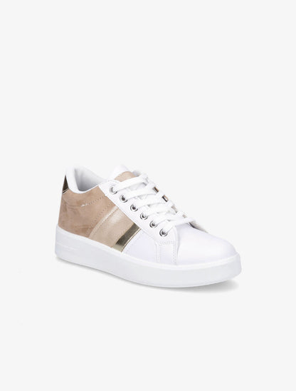 Sneakers en simili et suédine et bandes irisées - Camel - 2