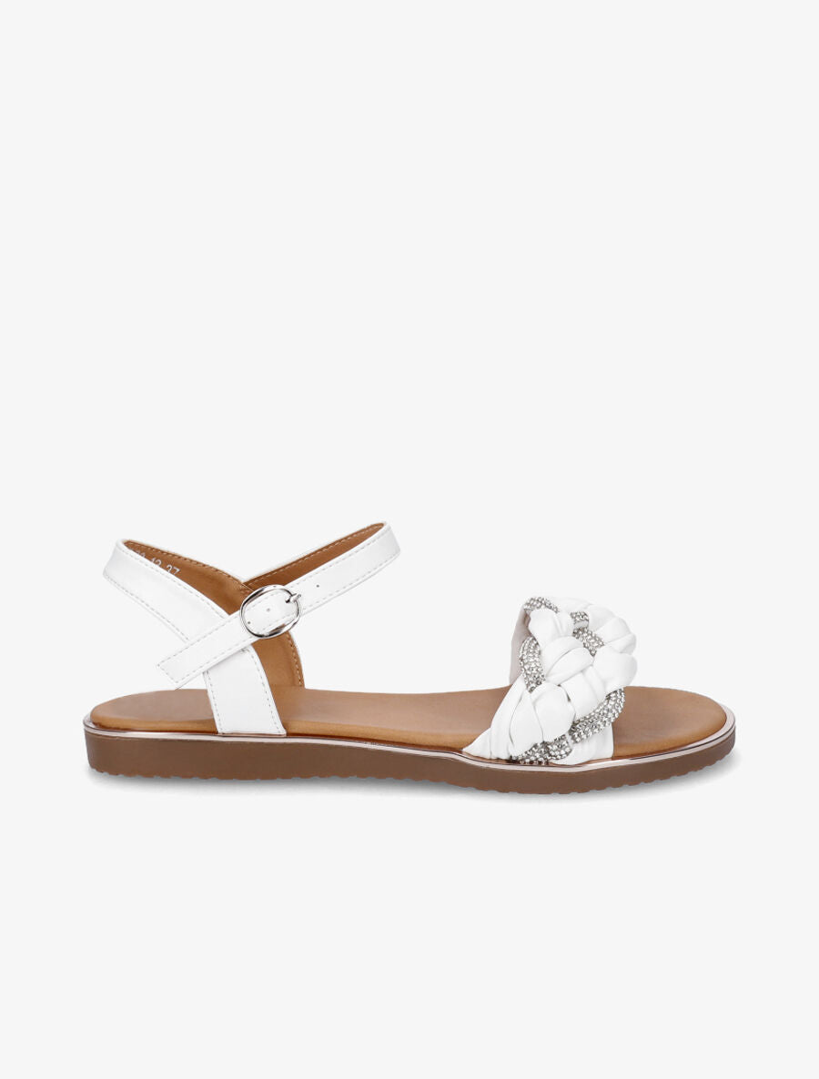 Nu-pieds en simili à bride tressée ornée de strass - Blanc - 1