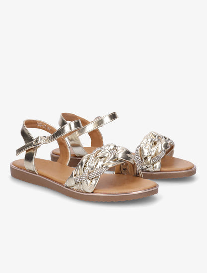Nu-pieds en simili à bride tressée ornée de strass - Or - 4