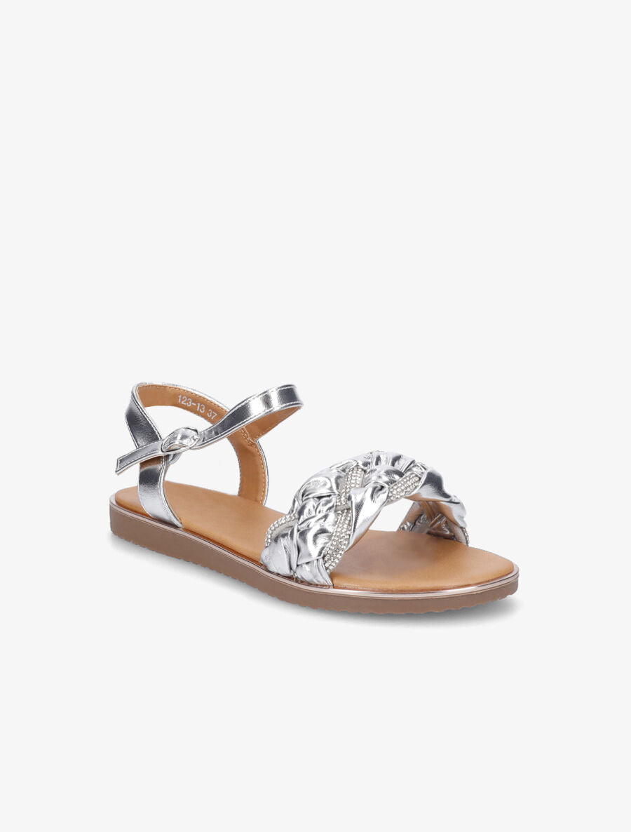 Nu-pieds en simili à bride tressée ornée de strass - Argent - 2