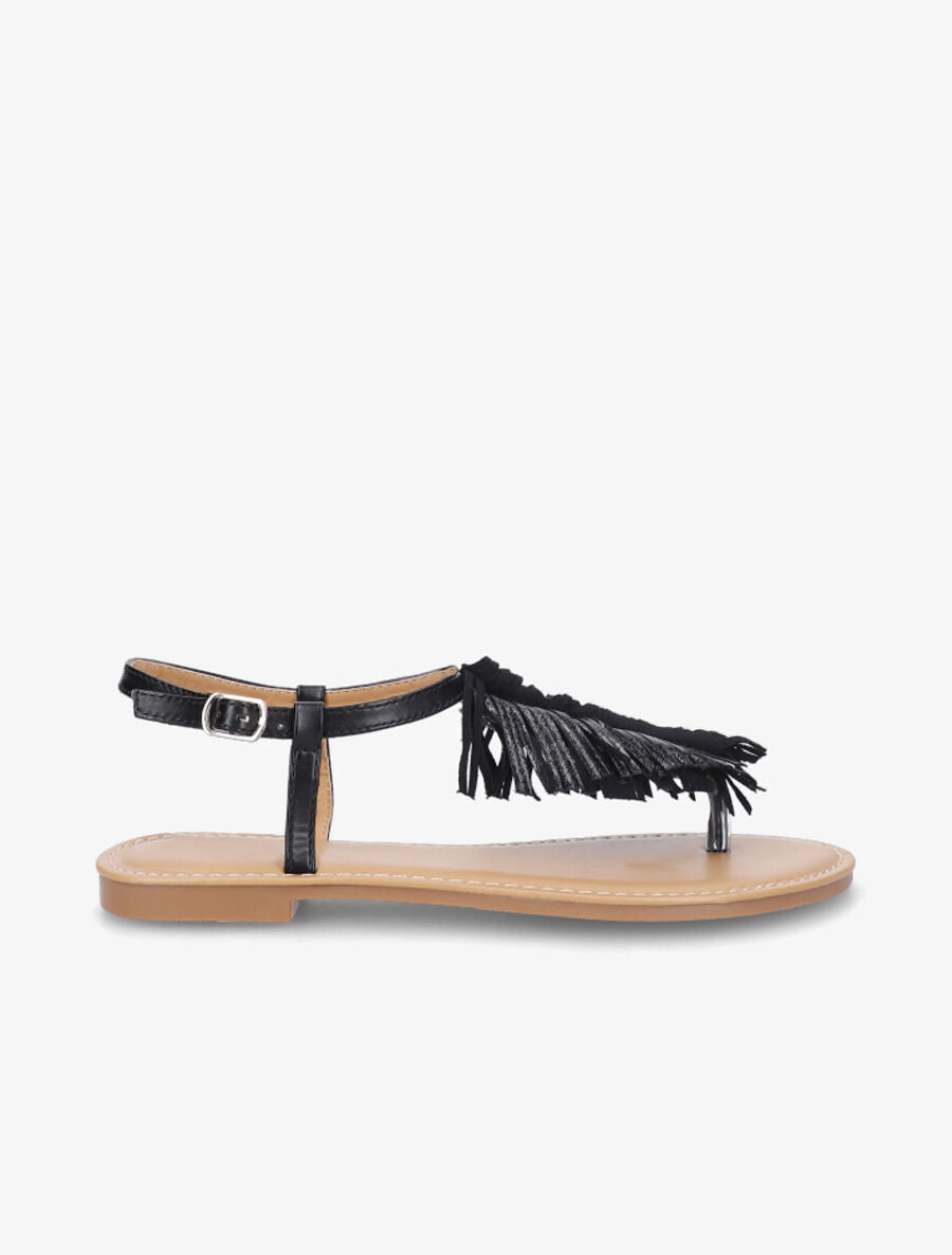 Nu-pieds à franges en simili - Noir - 1