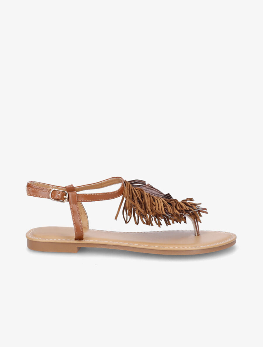 Nu-pieds à franges en simili - Camel - 1