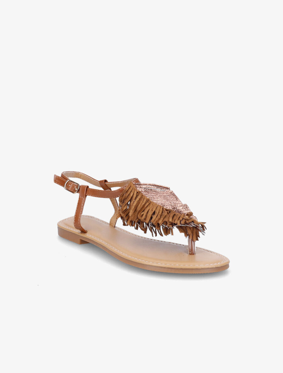Nu-pieds à franges en simili - Camel - 2