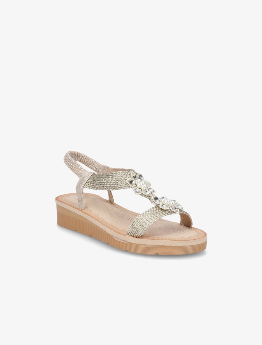 Nu-pieds à motif fleurs ornés de strass et perles - Or - 2