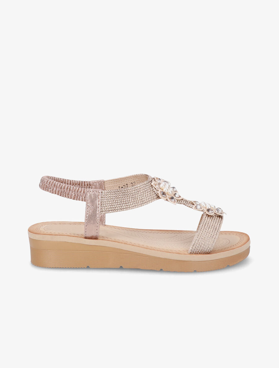 Nu-pieds à motif fleurs ornés de strass et perles - Rose gold - 5