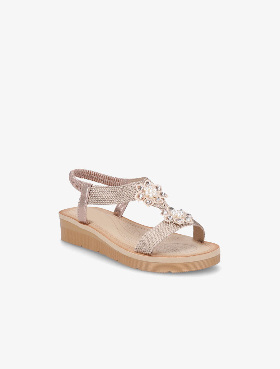 Nu-pieds à motif fleurs ornés de strass et perles - Rose gold - 2