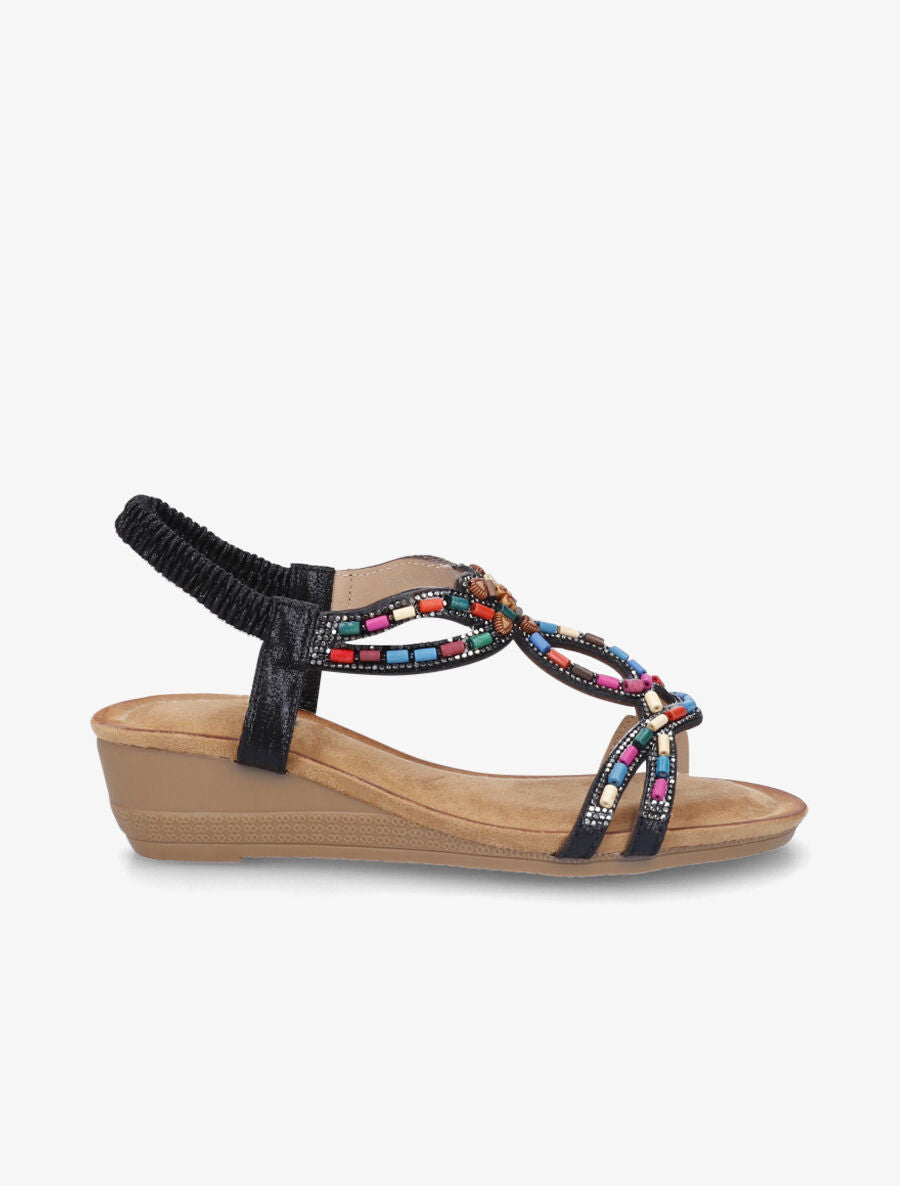 Nu-pieds à brides ornées de strass et perles - Noir - 1