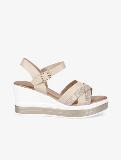 Sandales compensées en simili à ganses irisées - Beige - 1