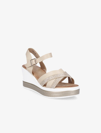 Sandales compensées en simili à ganses irisées - Beige - 2