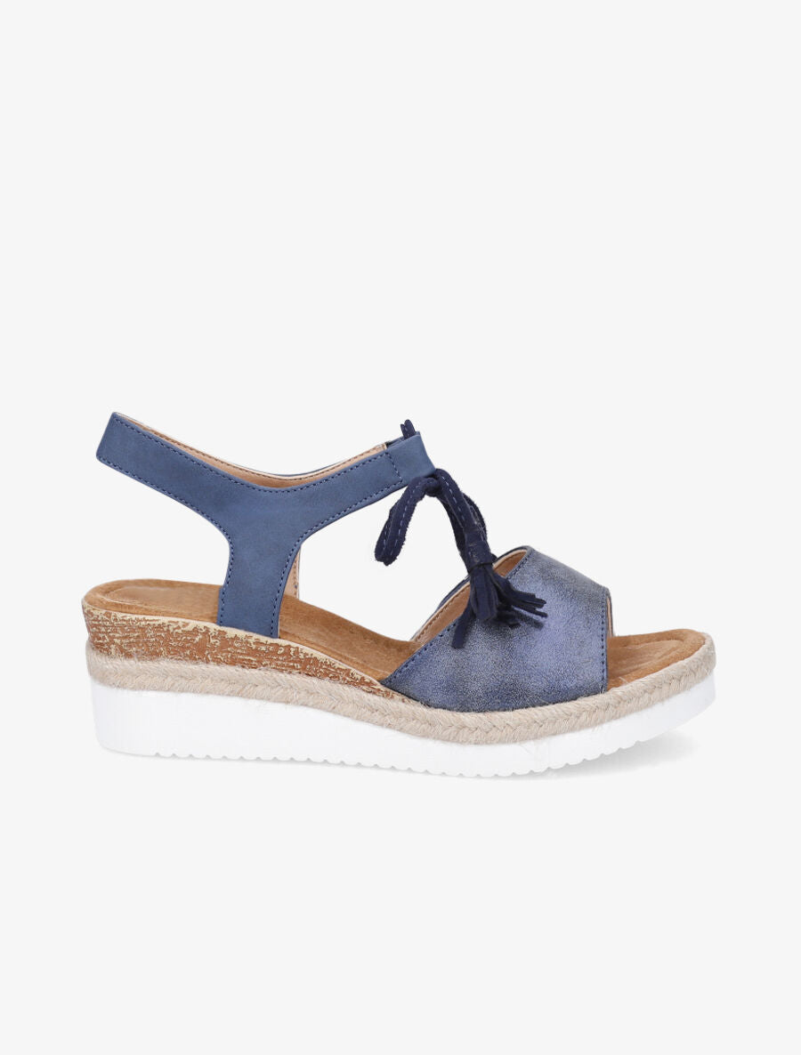Sandales compensées à lacets et pompons - Bleu - 1