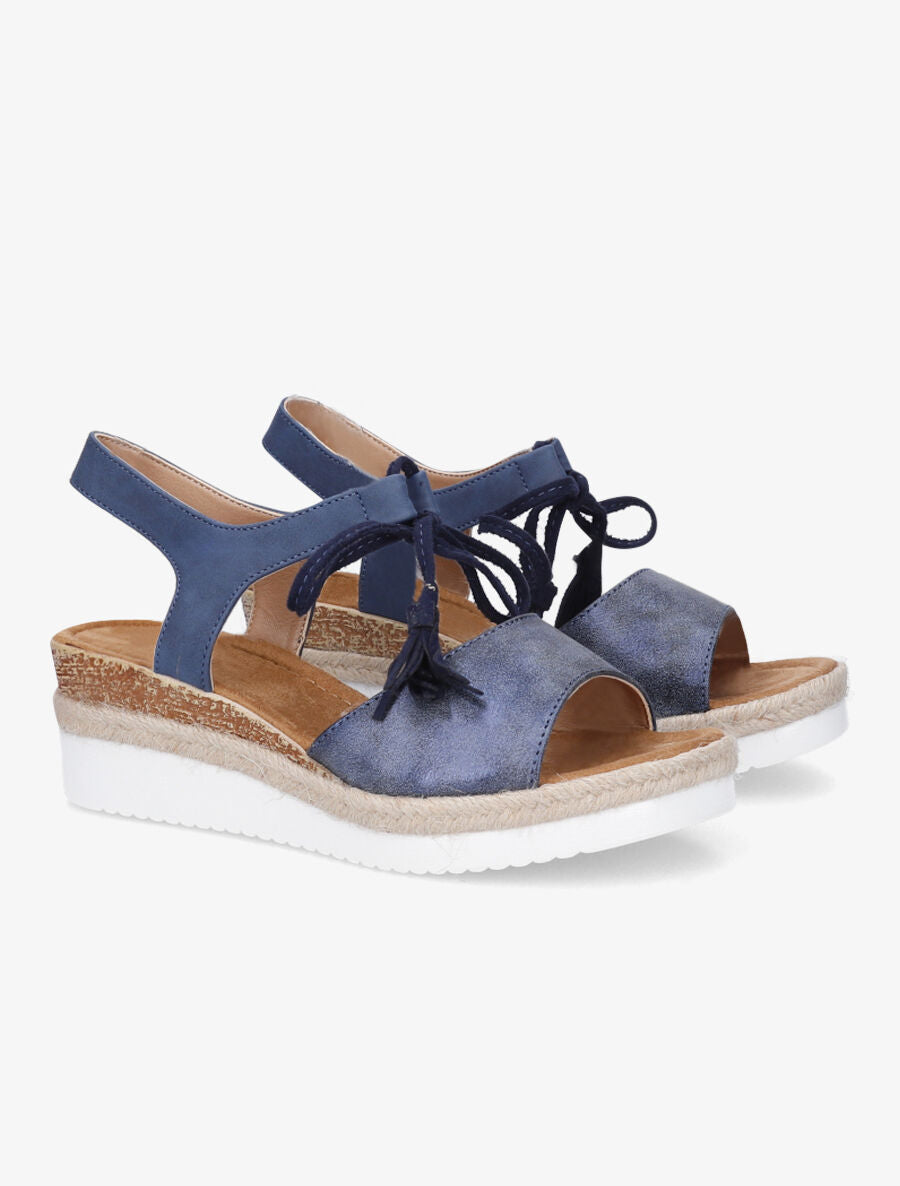 Sandales compensées à lacets et pompons - Bleu - 4