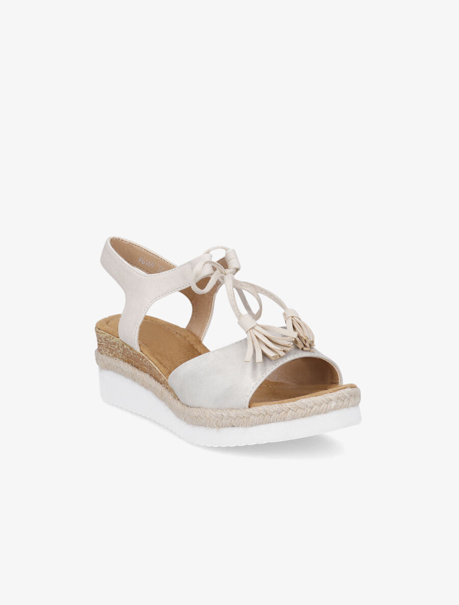 Sandales compensées à lacets et pompons - Beige - 2