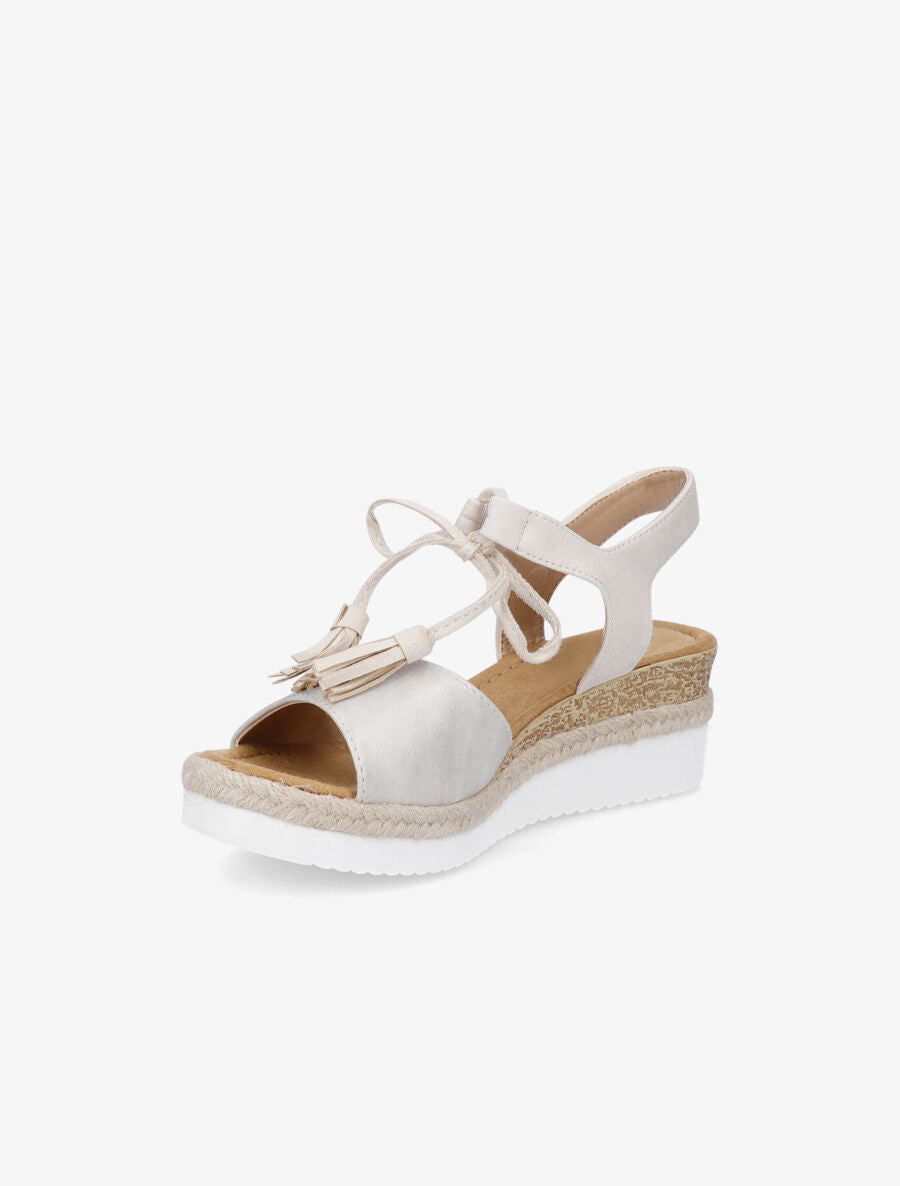 Sandales compensées à lacets et pompons - Beige - 3