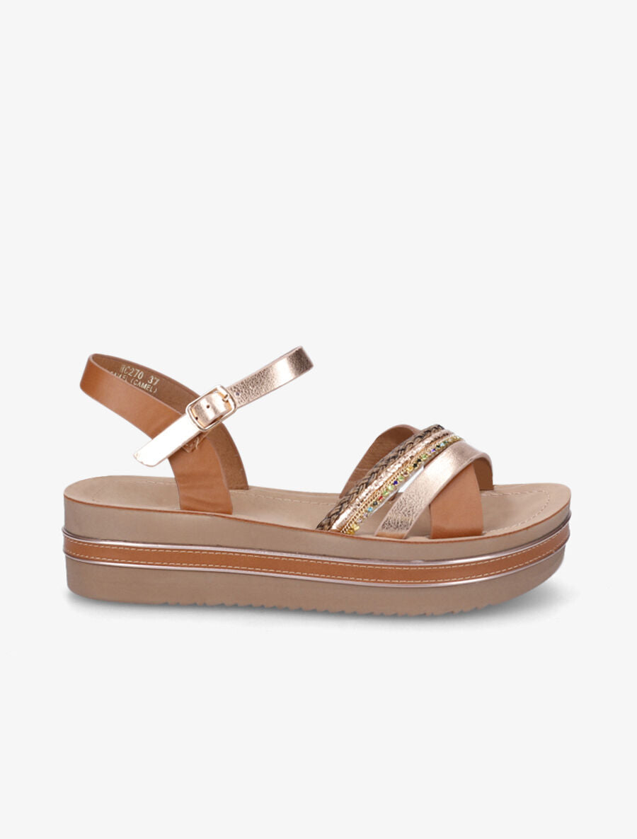 Sandales plateforme à strass - Camel - 5