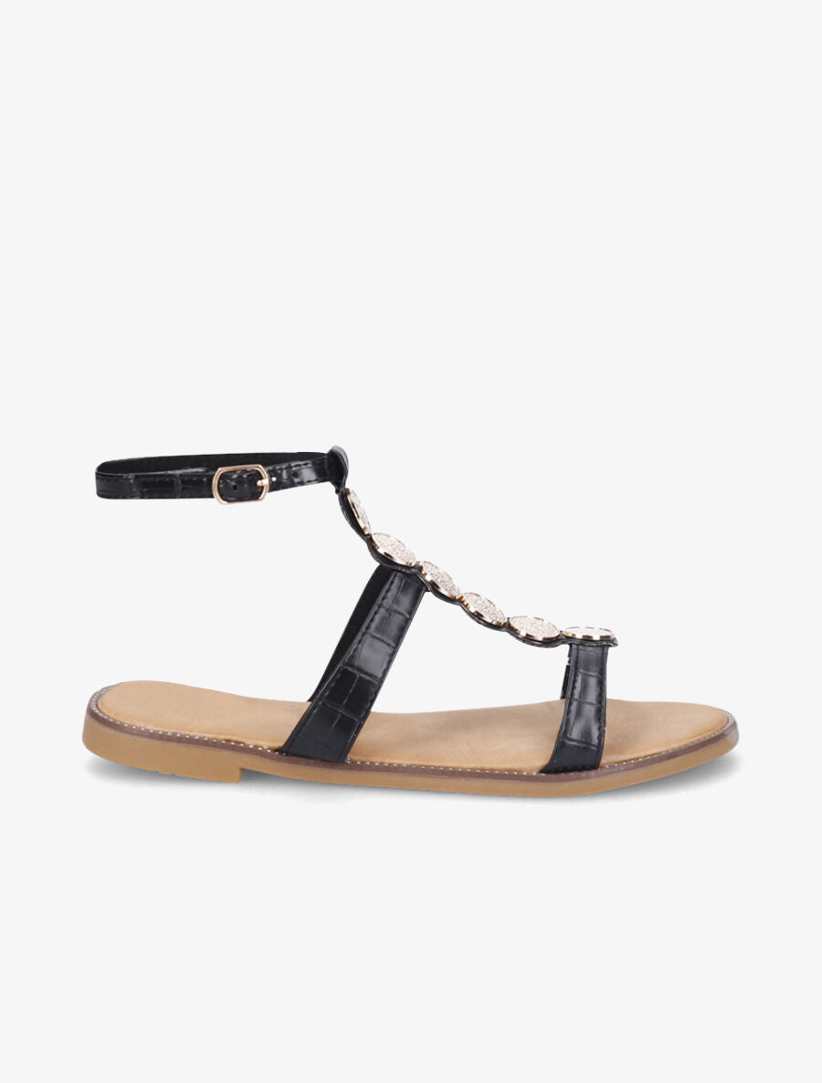 Nu-pieds effet croco et bijoux - Noir - 5