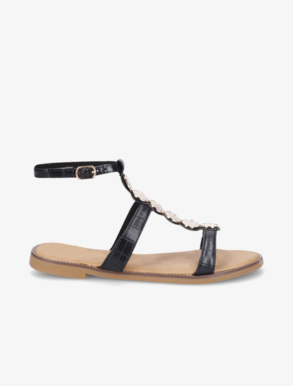 Nu-pieds effet croco et bijoux - Noir - 5