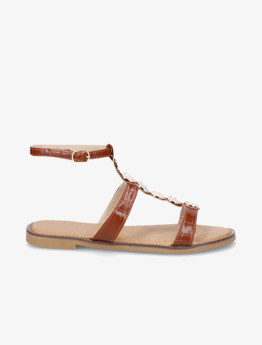 Nu-pieds effet croco et bijoux - Camel - 1