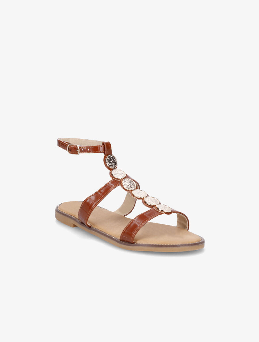 Nu-pieds effet croco et bijoux - Camel - 2