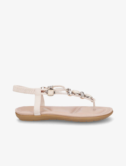 Nu-pieds imprimés à empiècement pierres et bijoux - Beige - 5