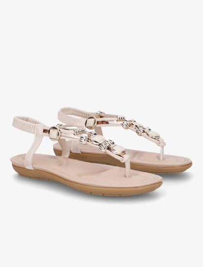 Nu-pieds imprimés à empiècement pierres et bijoux - Beige - 4
